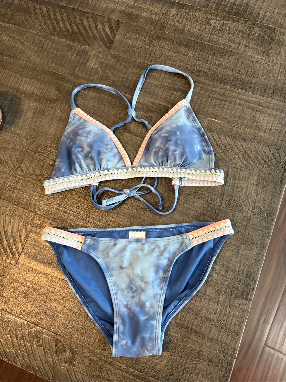 Xhilaration Blue Tie-Dye Bikini with Pink and Cream Trim